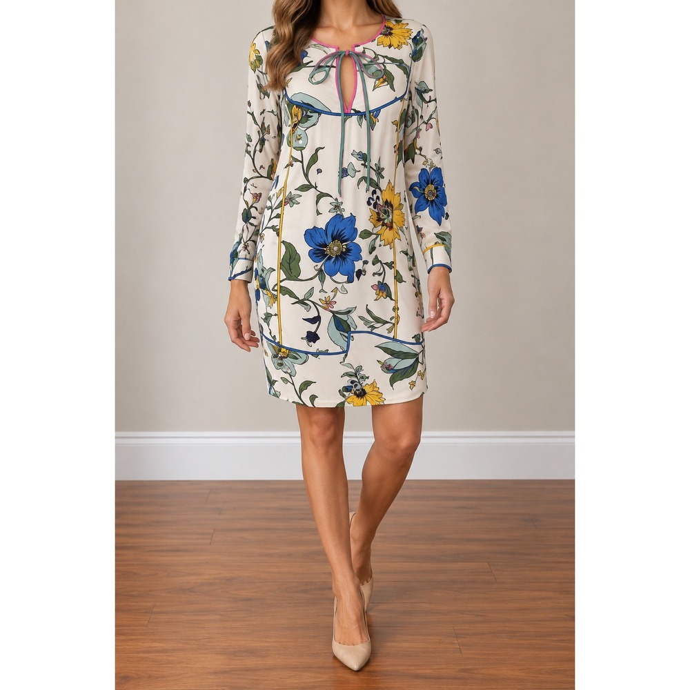 Tory Burch Silk Floral Shift Dress Small Long Sleeve Knee Length Preppy Bow Tie